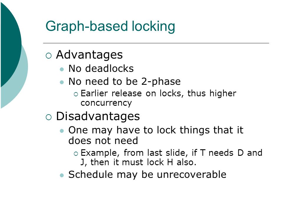 Graph-based locking Advantages Disadvantages No deadlocks