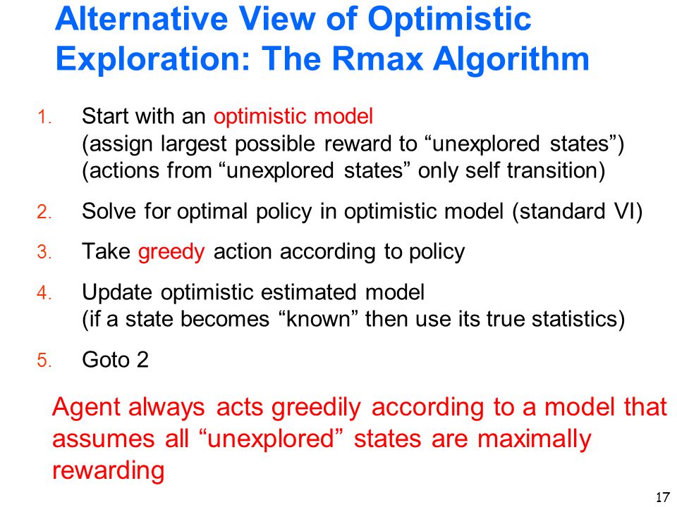Alternative View of Optimistic Exploration: The Rmax Algorithm