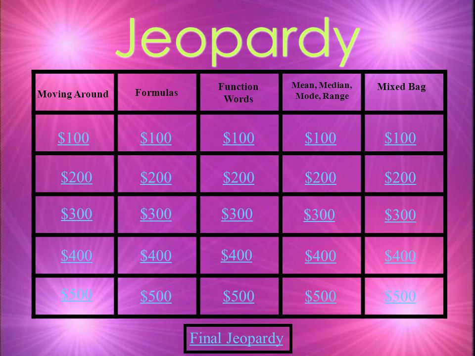 Jeopardy $100 $100 $100 $100 $100 $200 $200 $200 $200 $200 $300 $300