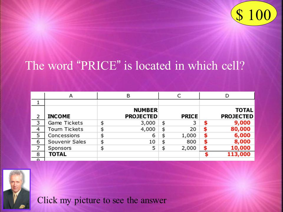 $ 100 The word PRICE is located in which cell
