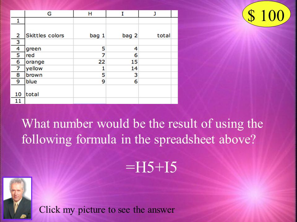 $ 100 What number would be the result of using the following formula in the spreadsheet above =H5+I5.