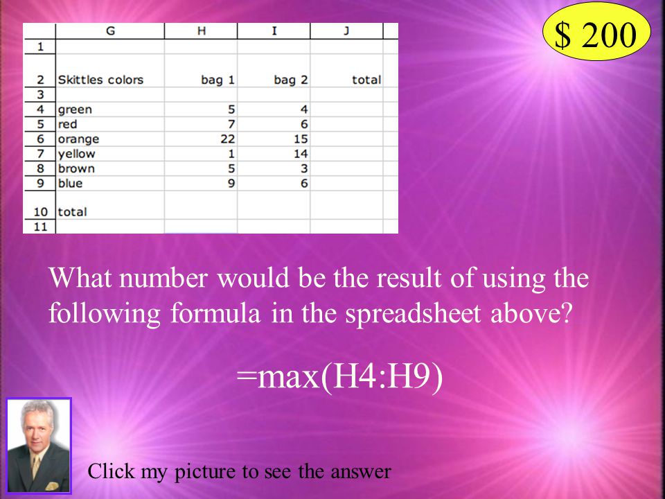 $ 200 What number would be the result of using the following formula in the spreadsheet above =max(H4:H9)
