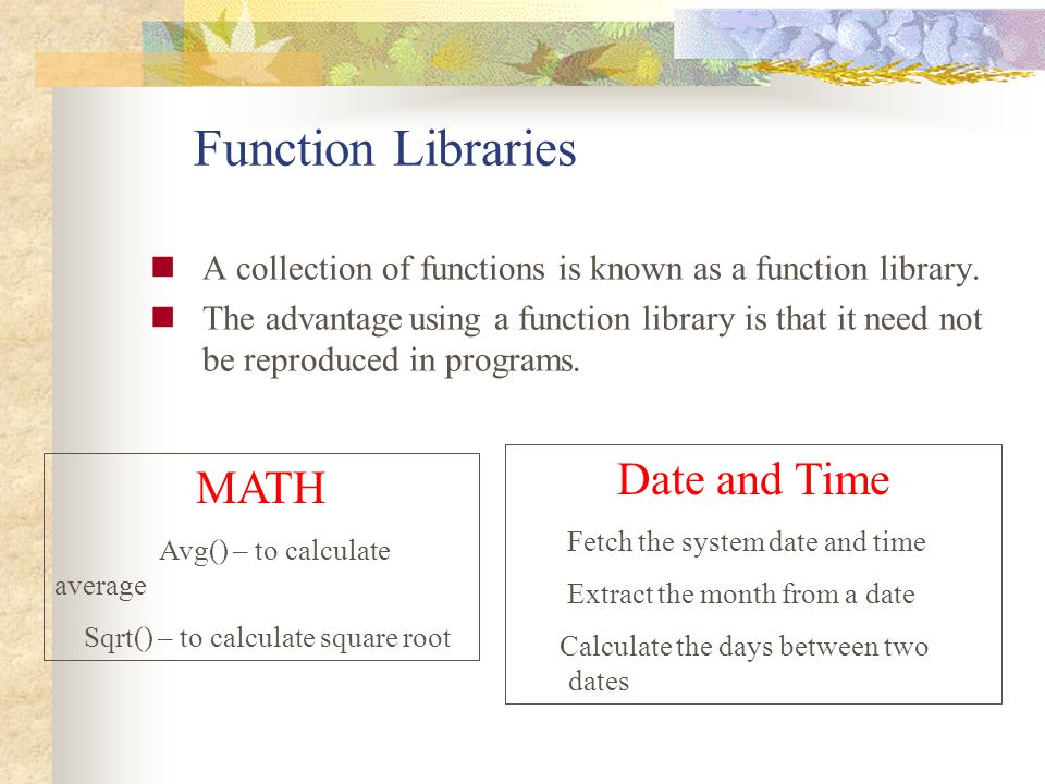 Function Libraries Date and Time MATH