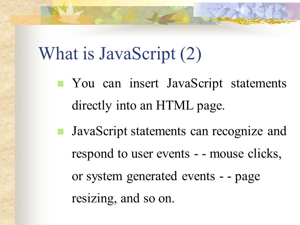 What is JavaScript (2) You can insert JavaScript statements directly into an HTML page.