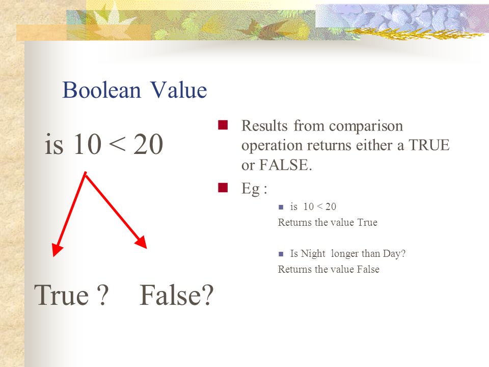 is 10 < 20 True False Boolean Value