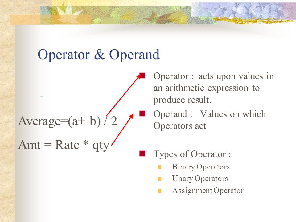 Operator & Operand Average=(a+ b) / 2 Amt = Rate * qty -