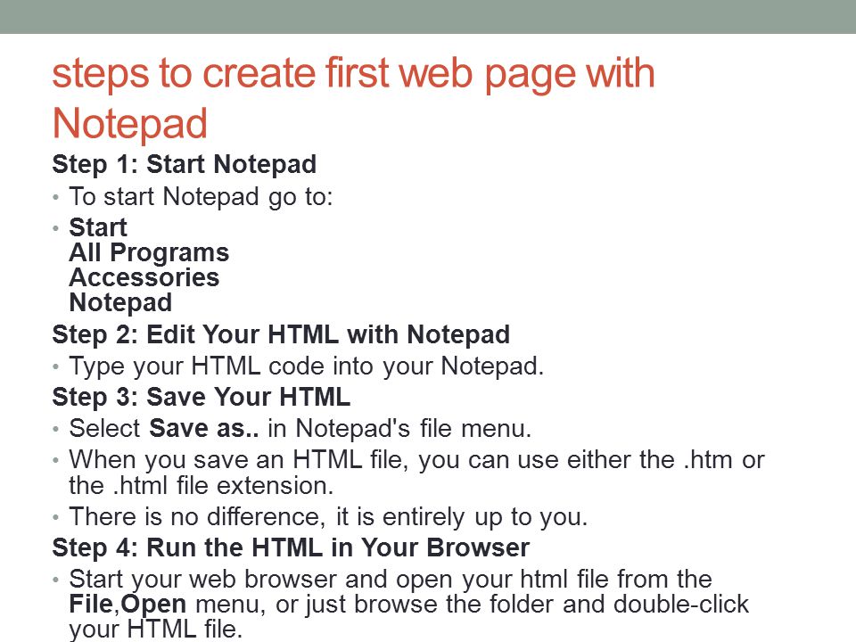 steps to create first web page with Notepad