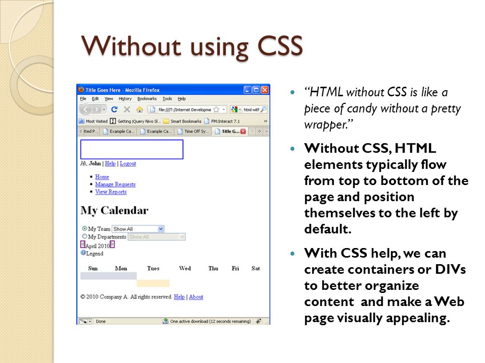 Without using CSS HTML without CSS is like a piece of candy without a pretty wrapper.