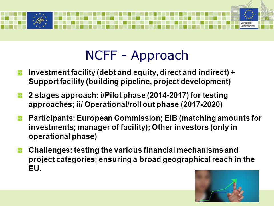 NCFF - Approach Investment facility (debt and equity, direct and indirect) + Support facility (building pipeline, project development)
