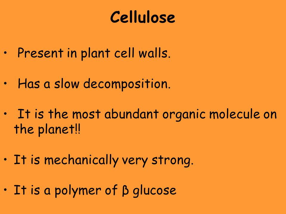 Cellulose Present in plant cell walls. Has a slow decomposition.
