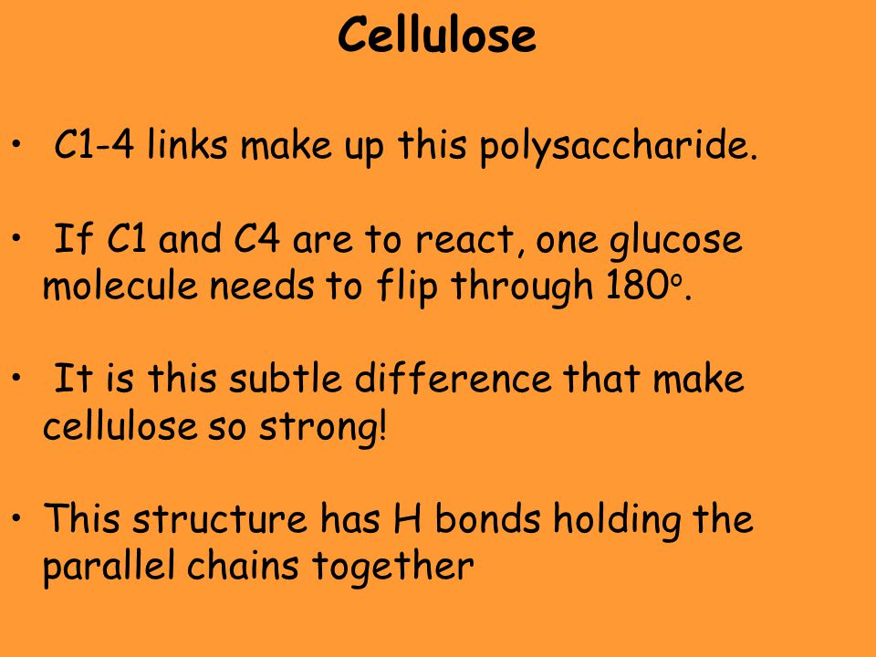 Cellulose C1-4 links make up this polysaccharide.