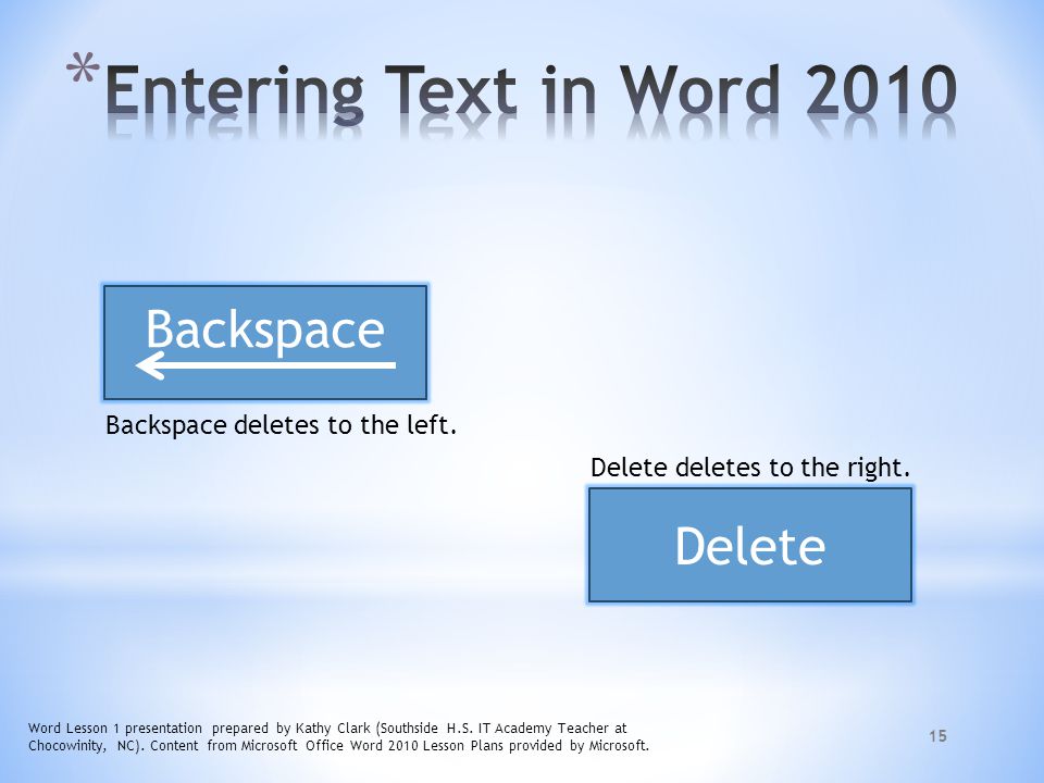 Entering Text in Word 2010 Backspace Delete