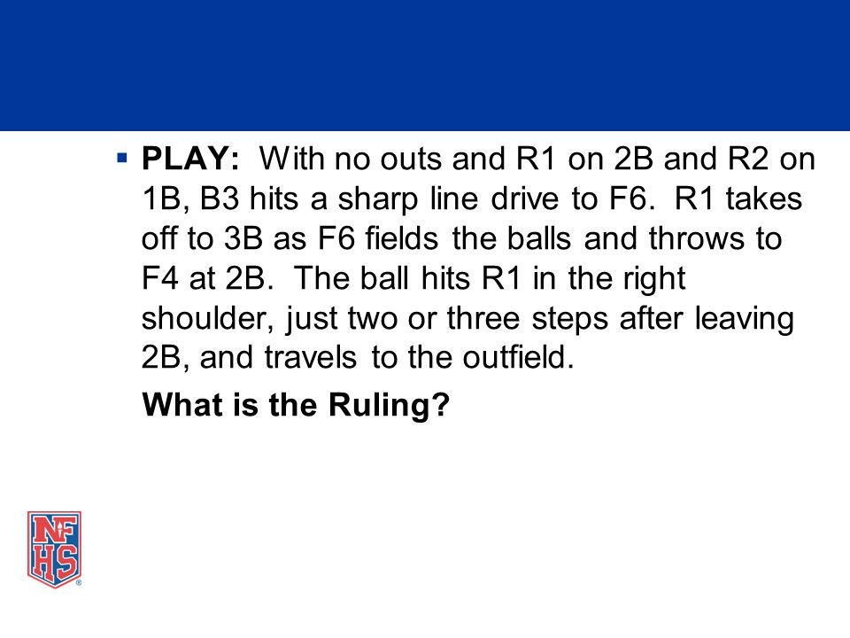 PLAY: With no outs and R1 on 2B and R2 on 1B, B3 hits a sharp line drive to F6. R1 takes off to 3B as F6 fields the balls and throws to F4 at 2B. The ball hits R1 in the right shoulder, just two or three steps after leaving 2B, and travels to the outfield.