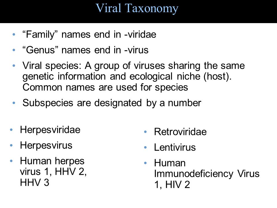 Viral Taxonomy Family names end in -viridae