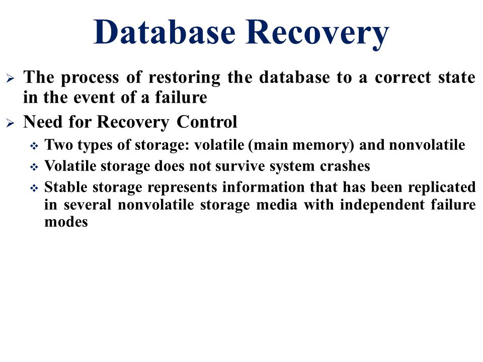 Database Recovery The process of restoring the database to a correct state in the event of a failure.