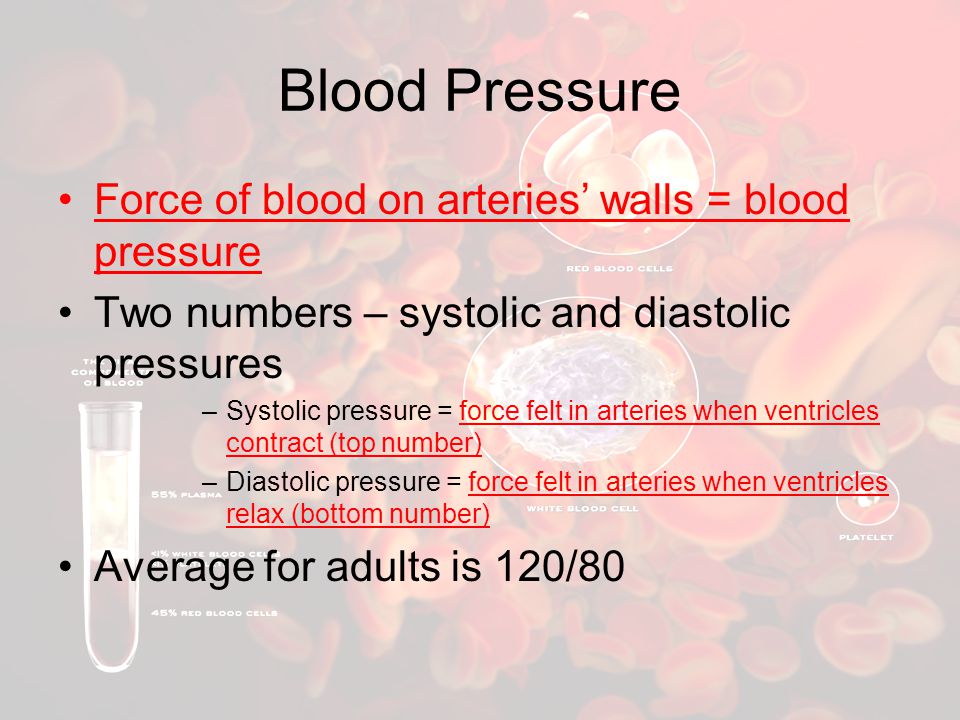 Blood Pressure Force of blood on arteries’ walls = blood pressure
