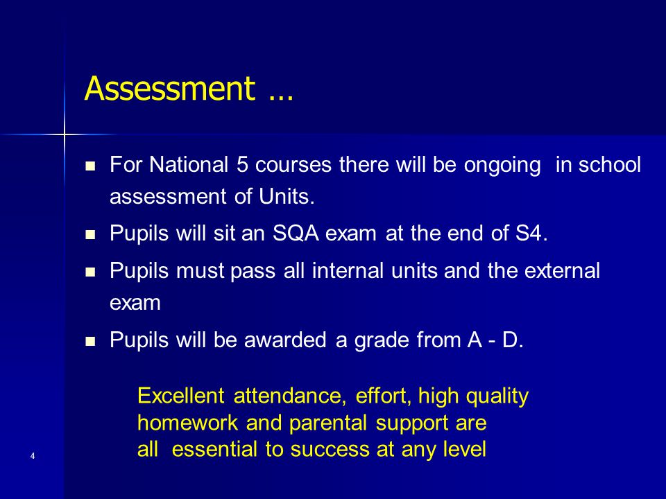 Assessment … For National 5 courses there will be ongoing in school assessment of Units. Pupils will sit an SQA exam at the end of S4.