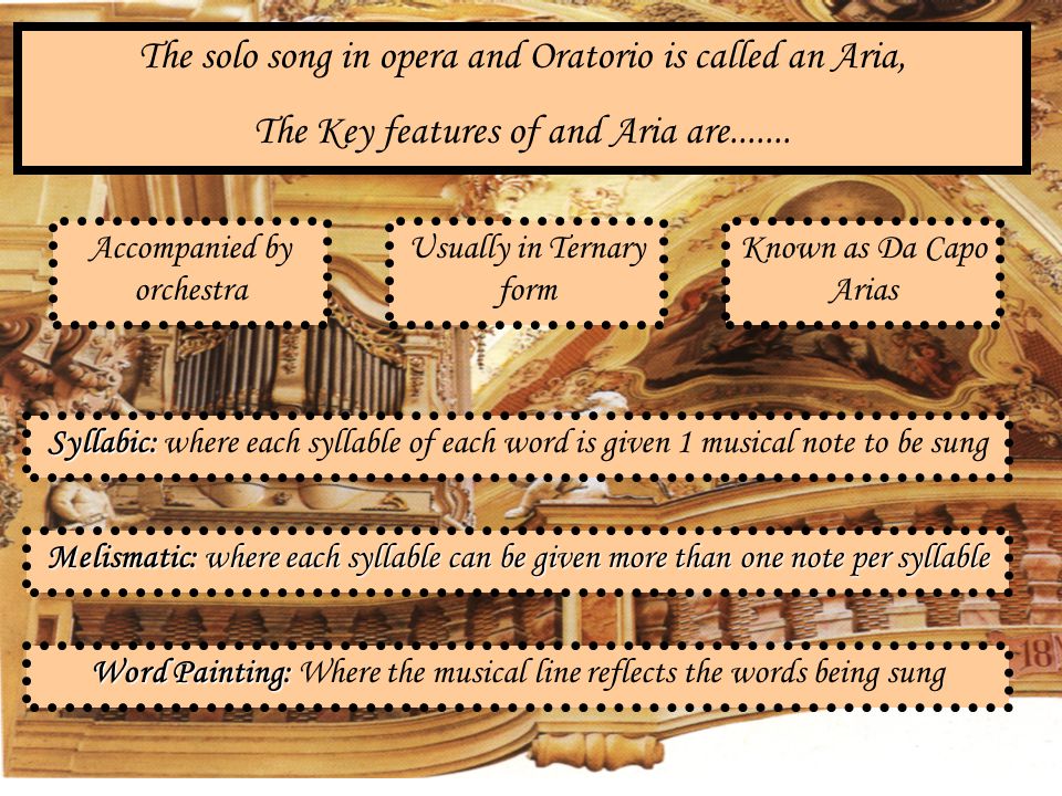 The solo song in opera and Oratorio is called an Aria,