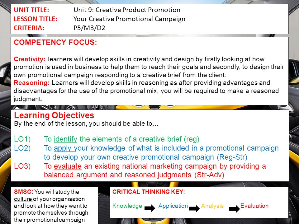 Learning Objectives UNIT TITLE: Unit 9: Creative Product Promotion