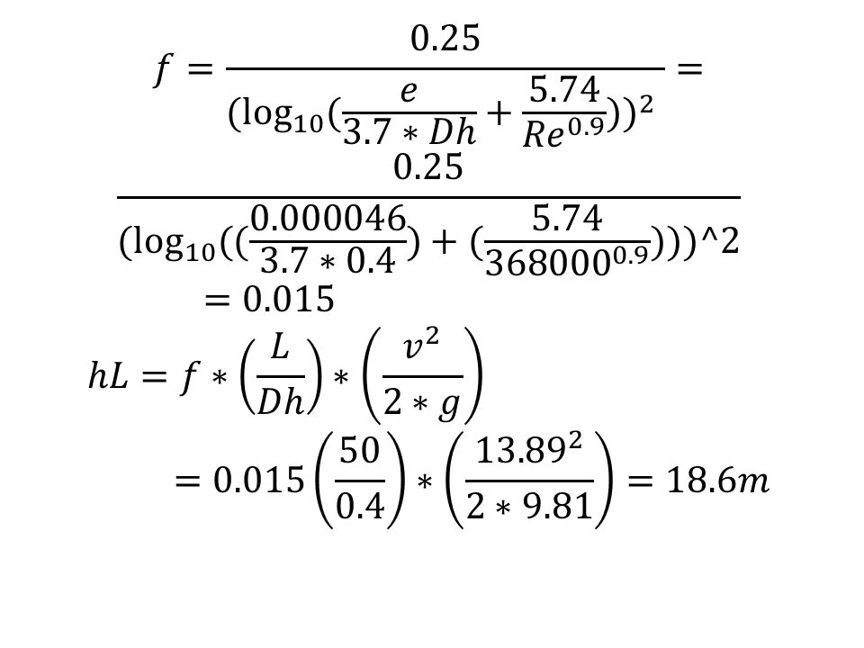 𝑓= 0.25 ( log 10 ( 𝑒 3.7∗𝐷ℎ 𝑅𝑒 0.9 ) ) 2 = 0.25 ( log 10 ( ( ∗0.4 )+( )))^2 =