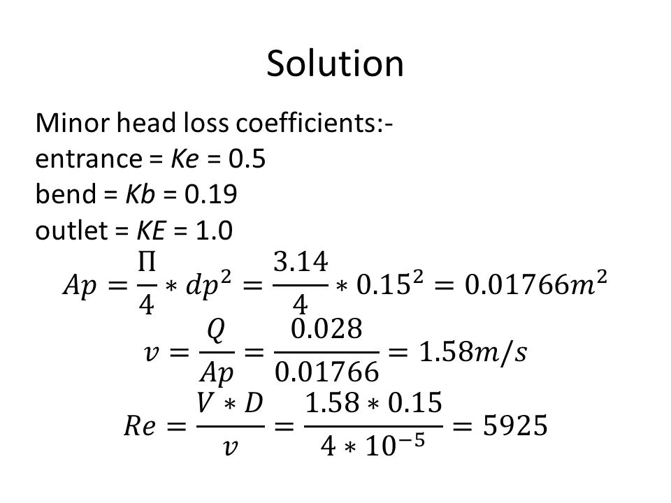 Solution Minor head loss coefficients:- entrance = Ke = 0.5
