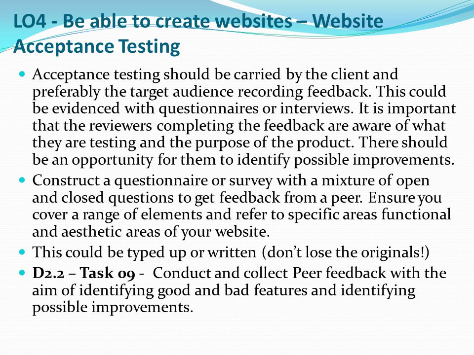 LO4 - Be able to create websites – Website Acceptance Testing