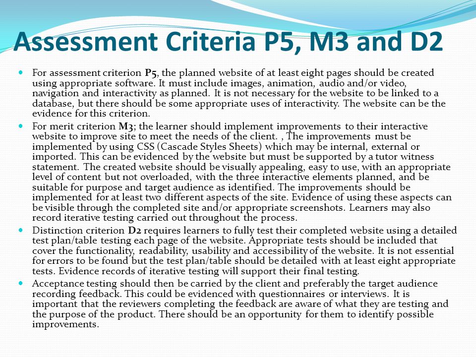 Assessment Criteria P5, M3 and D2