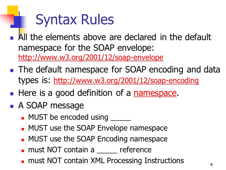 Syntax Rules All the elements above are declared in the default namespace for the SOAP envelope: