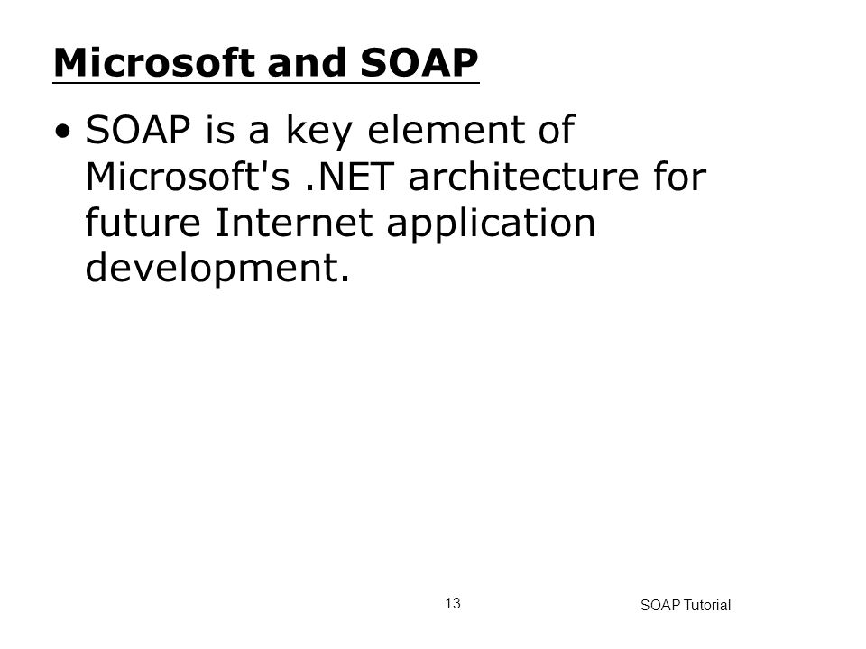Microsoft and SOAP SOAP is a key element of Microsoft s .NET architecture for future Internet application development.