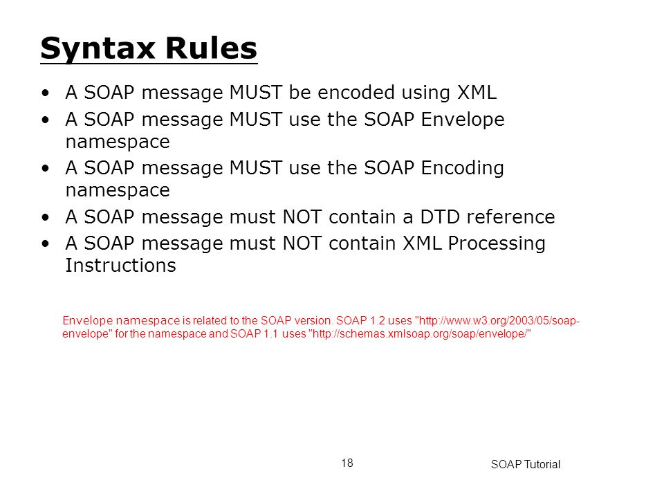 Syntax Rules A SOAP message MUST be encoded using XML