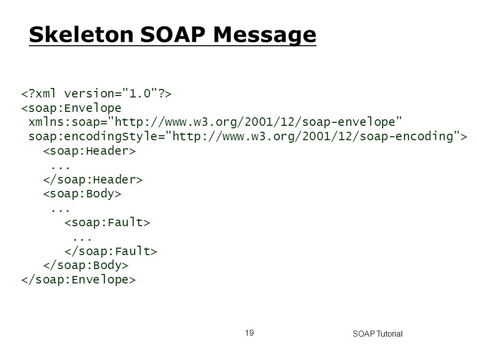 Skeleton SOAP Message < xml version= 1.0 > <soap:Envelope