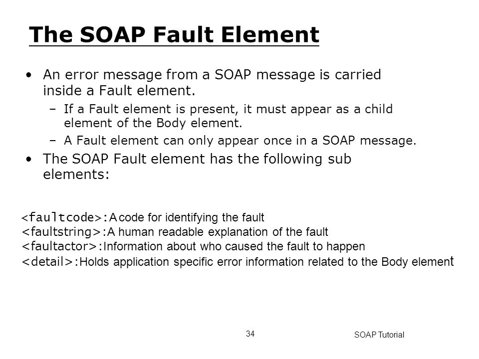 The SOAP Fault Element An error message from a SOAP message is carried inside a Fault element.