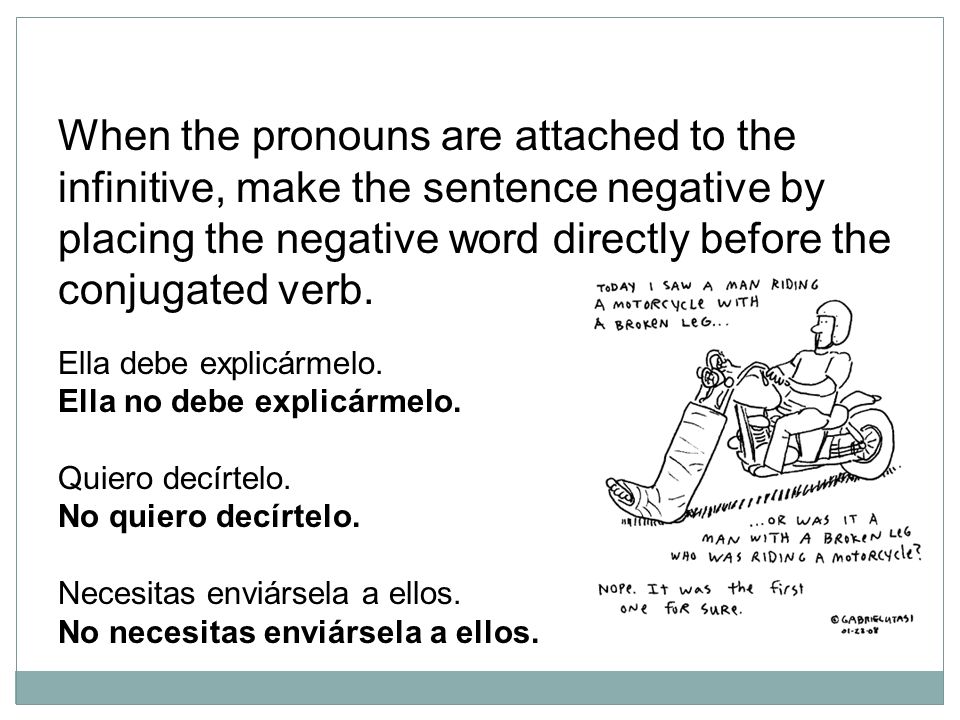 When the pronouns are attached to the infinitive, make the sentence negative by placing the negative word directly before the conjugated verb.