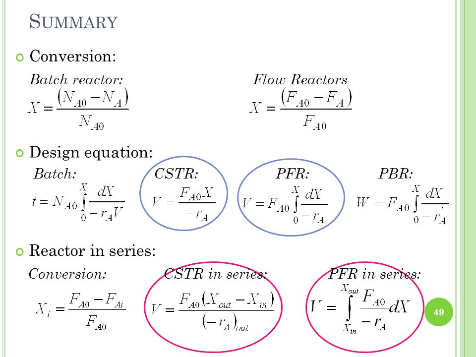 Summary Conversion: Batch reactor: Flow Reactors Design equation:
