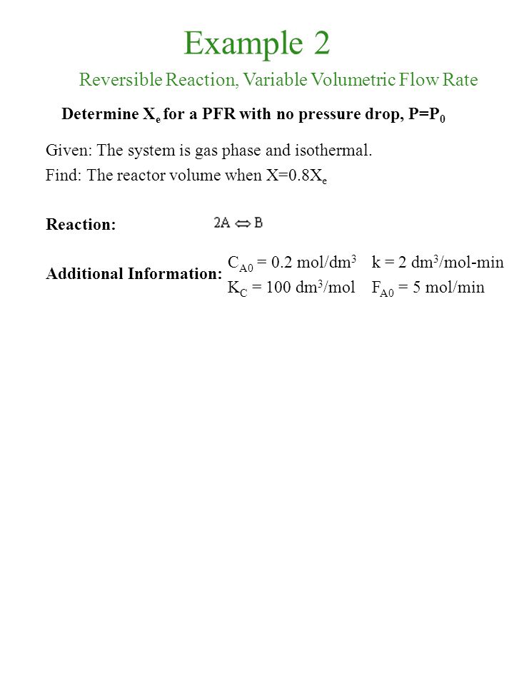 Example 2 Reversible Reaction, Variable Volumetric Flow Rate