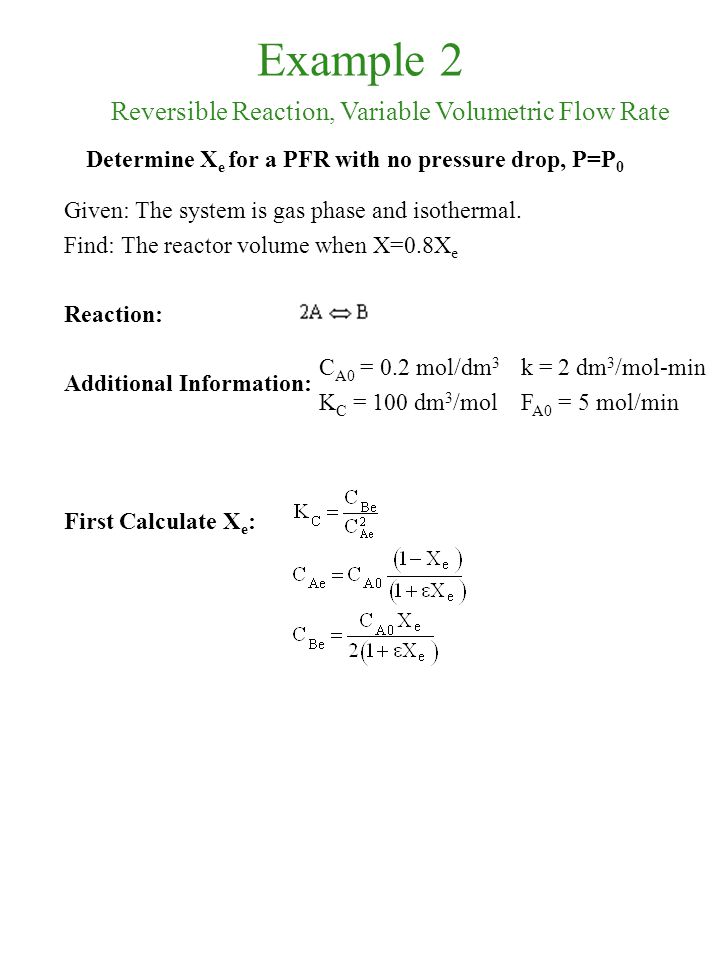 Example 2 Reversible Reaction, Variable Volumetric Flow Rate