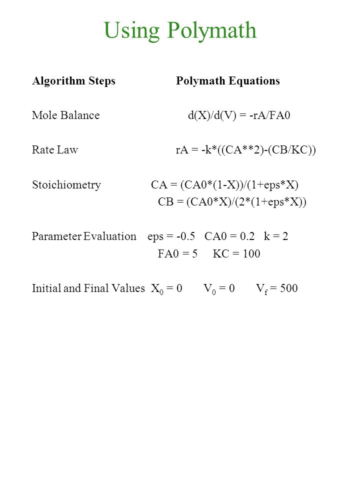 Using Polymath Algorithm Steps Polymath Equations