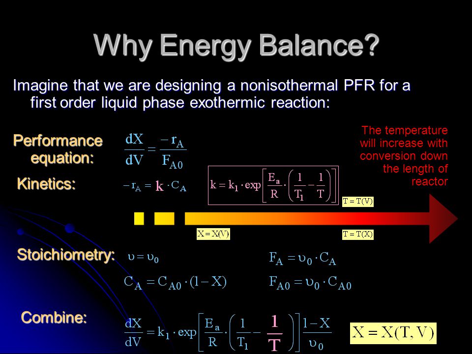 Why Energy Balance Imagine that we are designing a nonisothermal PFR for a first order liquid phase exothermic reaction: