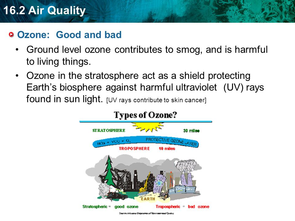 Ozone: Good and bad Ground level ozone contributes to smog, and is harmful to living things.