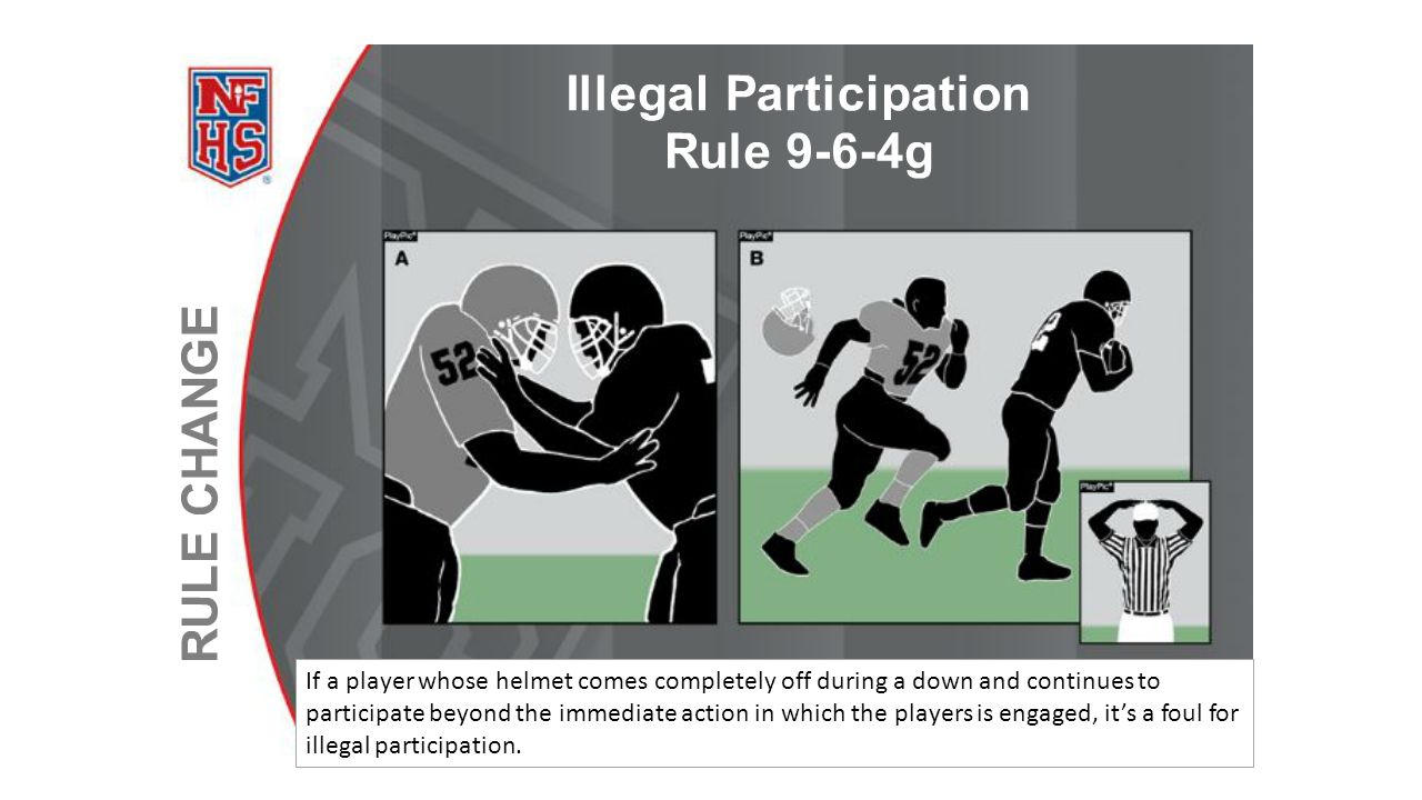 If a player whose helmet comes completely off during a down and continues to participate beyond the immediate action in which the players is engaged, it’s a foul for illegal participation.