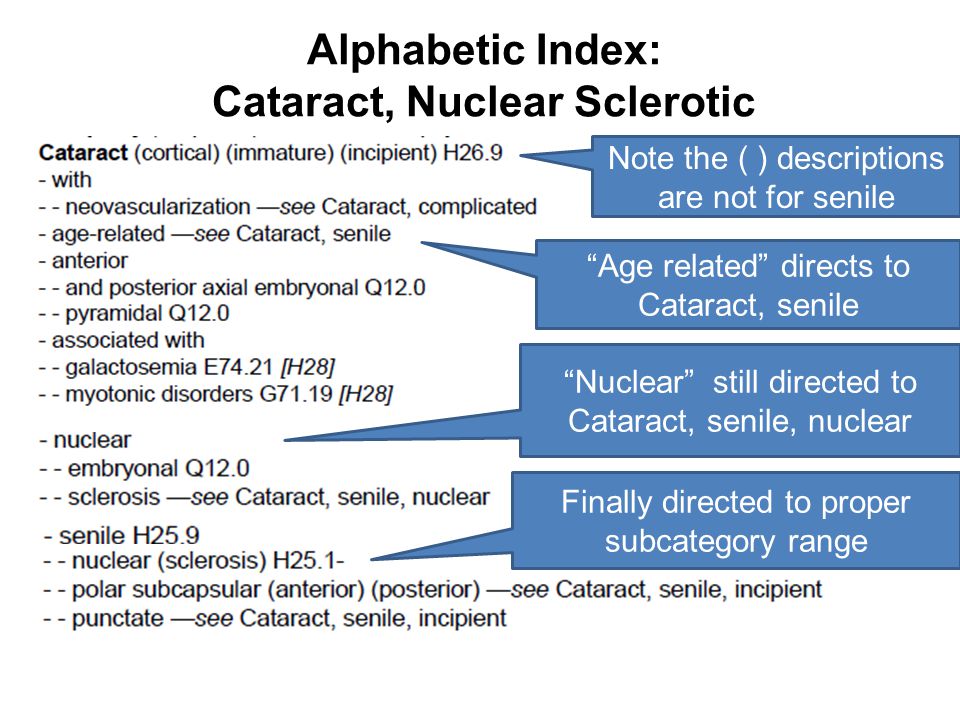 Alphabetic Index: Cataract, Nuclear Sclerotic