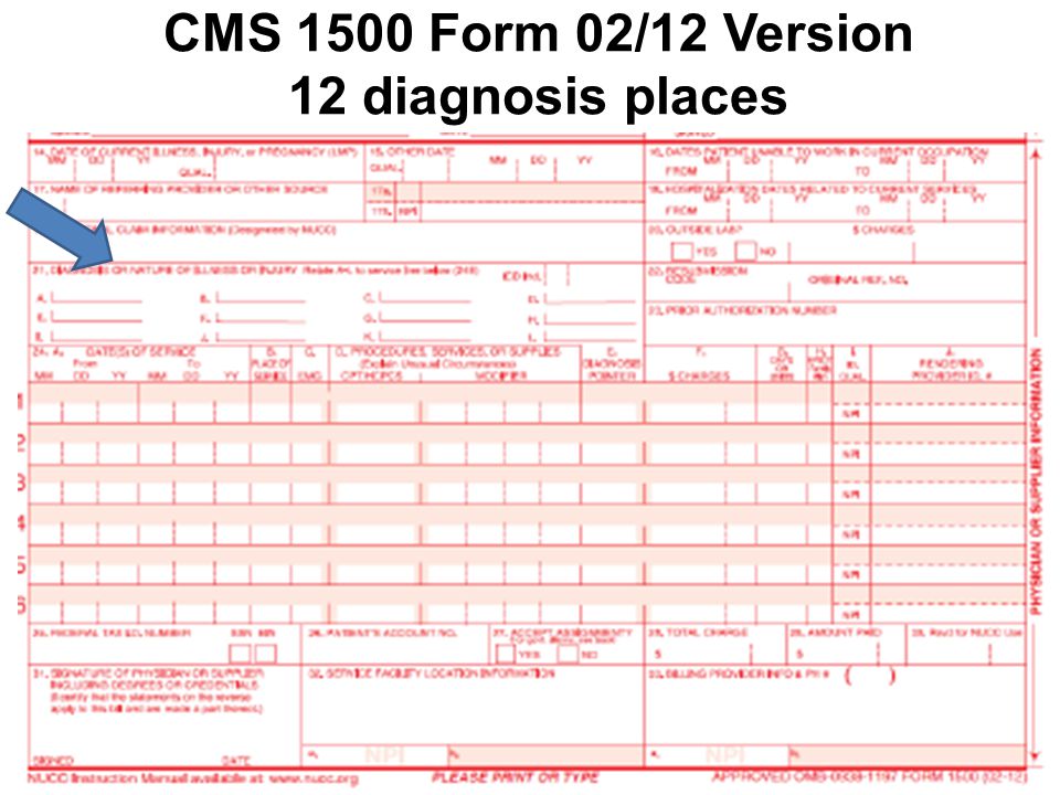 CMS 1500 Form 02/12 Version 12 diagnosis places