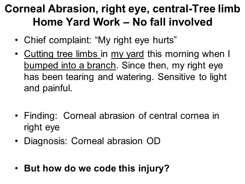 Corneal Abrasion, right eye, central-Tree limb Home Yard Work – No fall involved
