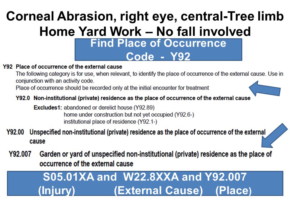 Find Place of Occurrence Code - Y92 (Injury) (External Cause) (Place)