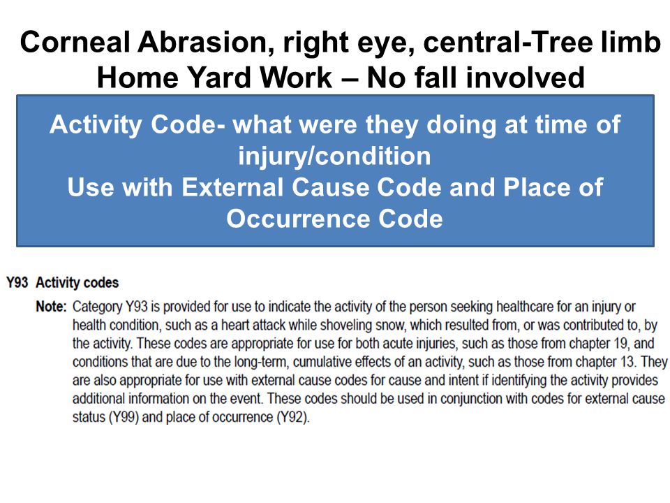 Corneal Abrasion, right eye, central-Tree limb Home Yard Work – No fall involved