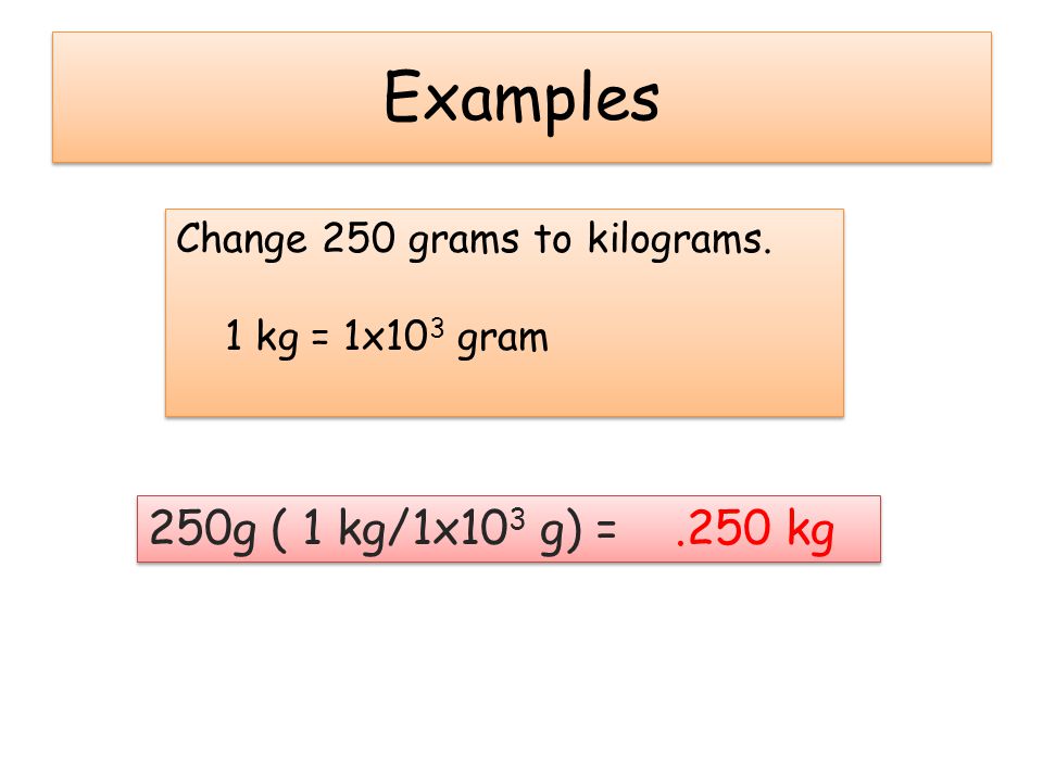 Examples 250g ( 1 kg/1x103 g) = .250 kg Change 250 grams to kilograms.