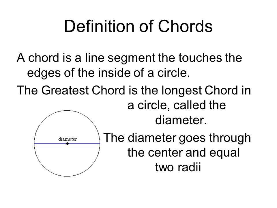 Definition of Chords A chord is a line segment the touches the edges of the inside of a circle.