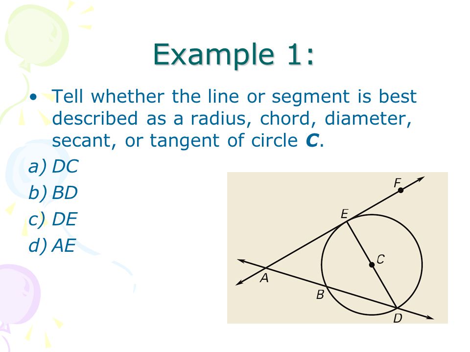 Example 1: Tell whether the line or segment is best described as a radius, chord, diameter, secant, or tangent of circle C.