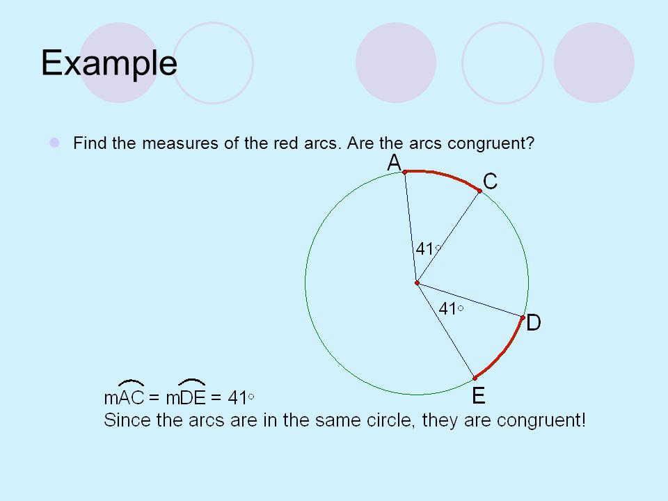 Example Find the measures of the red arcs. Are the arcs congruent
