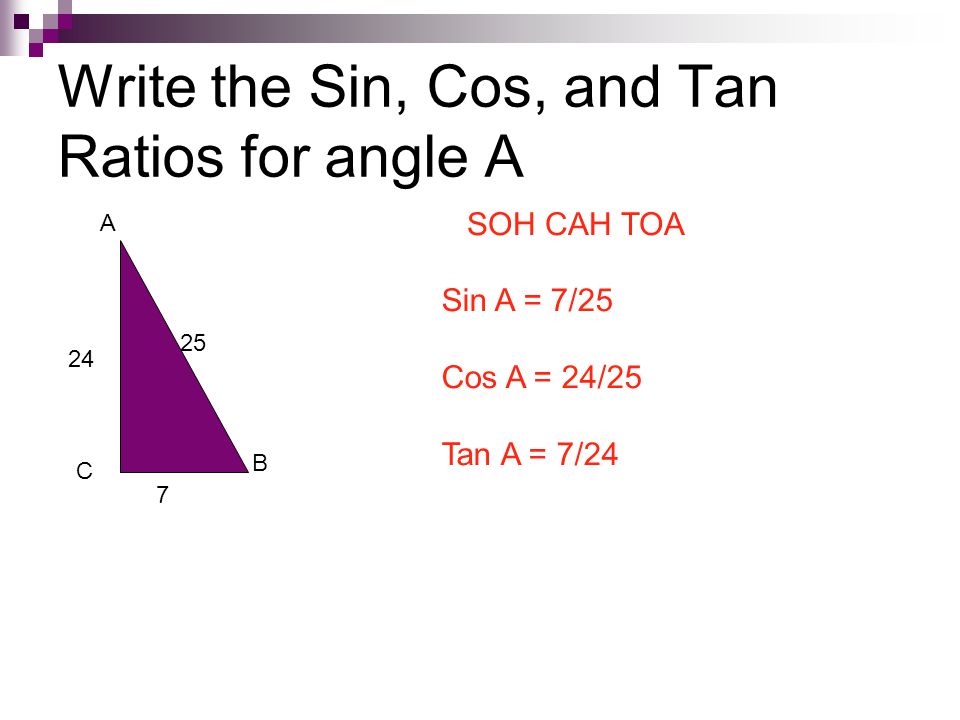 Write the Sin, Cos, and Tan Ratios for angle A